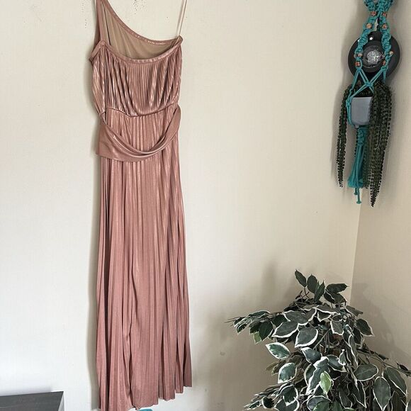 Halston Heritage Pleated Lamé Metallic One-Shoulder Maxi Dress 8 Belted Gown - Picture 5 of 9